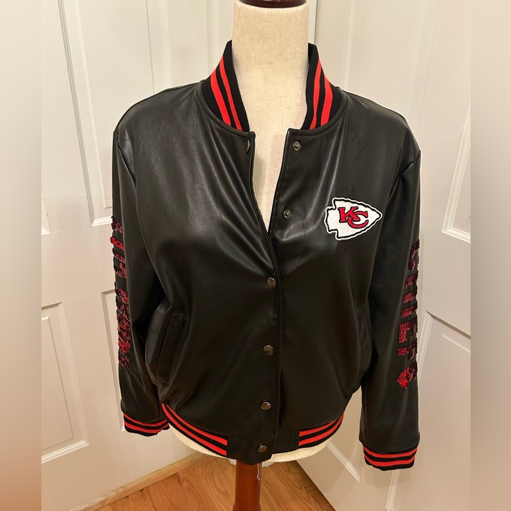 NFL Kansas City Chiefs Sequin Faux Leather Varsity Jacket Women Small‎ Black Red - Picture 2 of 16